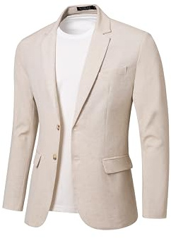 WZIKAI Blazer casual de lino para hombre, ajuste delgado, chaqueta ligera de dos botones, Beige, Medium