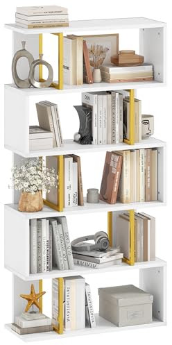 YITAHOME Bookcase, Industrial Bookshelf with Steel Frame Tall Standing Shelving Unit Open Book Shelf Display Rack Storage Organizer for Living Room Home Office Bedroom, Gold
