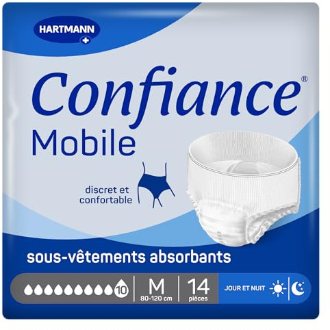 Confiance Mobile - Slips Absorbants pour Hommes et Femmes - Niveau d'Absorption = 10 gouttes (Fuites Urinaires Importantes) - Discrets et efficaces - pH Neutre à la Peau - Taille M - 14 Unités