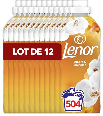 Lenor Adoucissant, 504 Lavages (12 x 42 Lavages), Ambre et Orchidée, 24H De Fraîcheur Relaxante, Avec Une Touche D’Huiles Essentielles