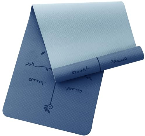 Narwhal Yogamatte mit Ausrichtungslinien Rutschfeste Yoga Matte Sportmatte für Fitness & Pilates Gymnastikmatte 6mm Dicke Umweltfreundliches TPE Material 183x61cm (Marineblau/Blau, 6mm)