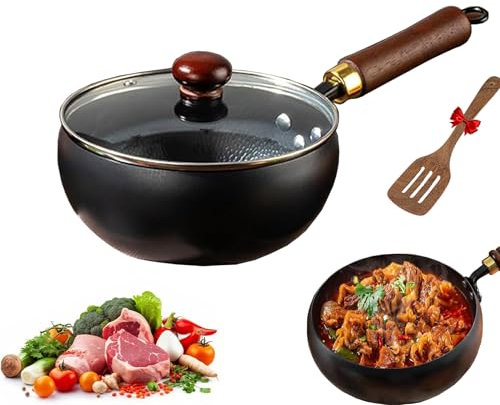 Casserole en fer forgé à la main,Poêle en fer non revêtue, récipient de cuisson polyvalent pour mijoter et frire à haute température (Couvercle en verre, 28CM)