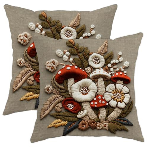 Mushroom Embroidered Printed Throw Pillow Covers Set of 2, Beige Floral Decorative Cushions for Fall Home Decor, Cozy Rustic Cottage Style for Sofa Couch Bed 18x18 Inch