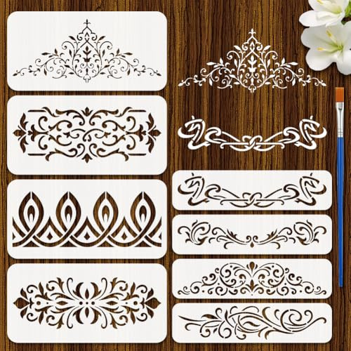 FINGERINSPIRE 8 Pz Stencil con Motivi Decorativi Art Nouveau con Pennello, 30x15cm/30x7.5cm Stencil per Bordi Angolari Stencils per Fiori, Modello Decorativo Fai da Te per Pittura su Tela su Pareti
