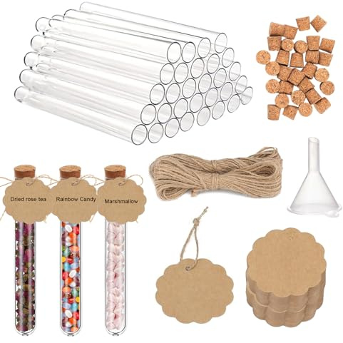 Lot de 30 tubes à essai avec bouchon - 12 x 75 mm - Tubes à essai avec 30 étiquettes en papier kraft et ficelle - 1 entonnoir pour ranger des liquides, des bonbons, des décorations de mariage, etc