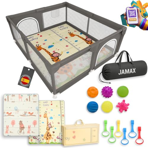 JAMAX Parque Infantil Bebe 150x180 + Alfombra Acolchada Reversible 1,5 cm de Grosor + 6 Pelotas Sensoriales +6 Agarraderas + Bolsa transporte | Corralito bebe | Parque bebe (150x180)