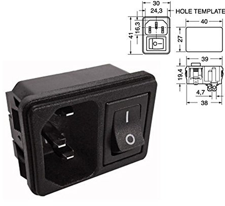 ELCART SPINA TRIPOLARE DA PANNELLO CON INTERRUTTORE - VDE IEC C14 - CONNETTORE MASCHIO