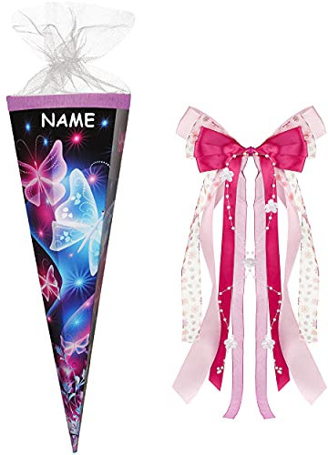 alles-meine.de GmbH 3-D Glitzer Effekt ! Schultüte - Schmetterlinge - lila & violett - 85 cm - eckig - incl. Name und große Schleife - Tüll Abschluß - Zuckertüte - mit/oh..