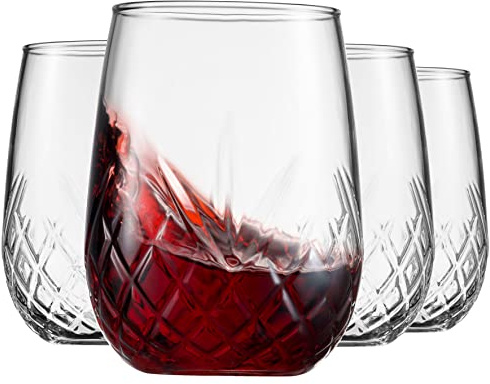 Godinger Wine Glasses Stemless Goblet Beverage Cups, Italian Made - Dublin Collection, 16oz, Set of 4