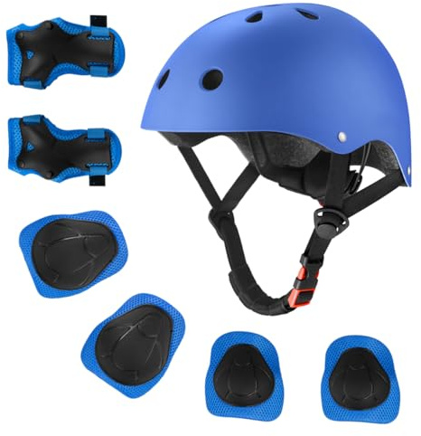 Kids Bike Helmet for Ages 2-14, Adjustable Safety Toddler Helmet with Protective Gear Set, Skateboard Scooter Helmets with Knee Elbow Pads Wrist Guards (Blue, Medium (for Ages 8-14))