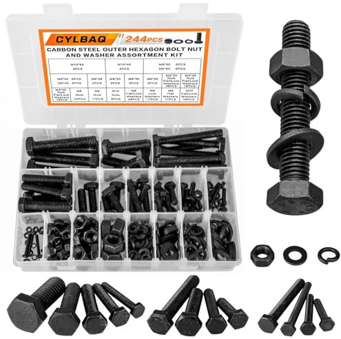 CYLBAQ 244 Stück Metrische Schrauben Set Sechskantschrauben Muttern, M3 M4 M5 M6 M8 M10 Kohlenstoffstahl Sechskant Schrauben und Muttern 20MM-60MM Unterlegscheiben Maschinenschrauben