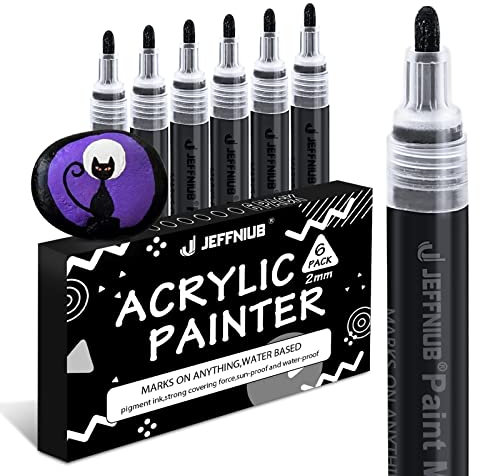 JEFFNIUB Schwarz Acrylstifte Dicke Spitze 6Stück, Acrylfarben Stifte Set Wasserfest Schwarz Marker Stifte für Holz, Metall, Glas, Stoff, Steine Bemalen