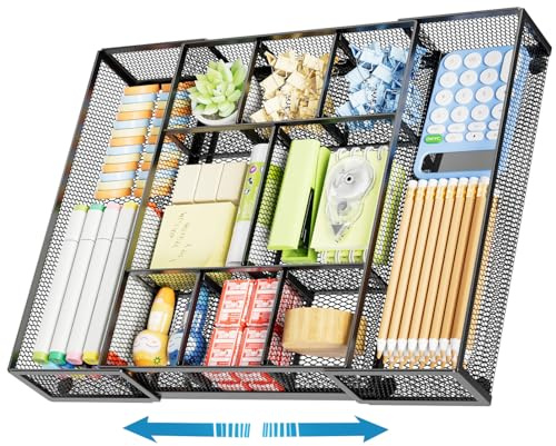 Marbrasse Expandable Desk Drawer Organizer, Mesh Drawer Organizer Tray with 10 Adjustable Compartments, Desk Organizers and Accessories, 5 Dividers Drawer for Office Supplies, Makeup & Vanity (Black)