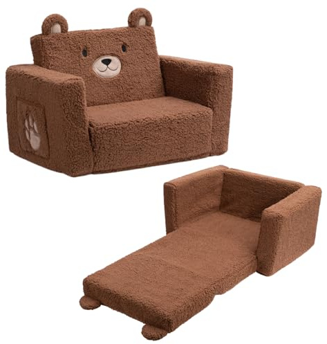 ALIMORDEN 2-in-1 Toddler Couch Foldable Cuddly Chair, Soft Foam Chair Lightweight for Boys & Girls, Playroom or Living Room, Bear