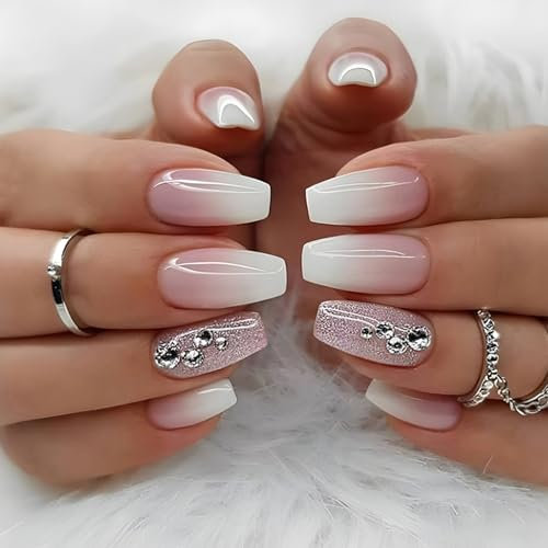 24 Piezas Uñas Postizas Cuadradas Media, Francesas Rosa Blanco Gradient Uñas Falsas Artificiales con Brillantes Diseño, Acrílico Cubierta Completa Press on Nails para Mujeres Decoración Manicura