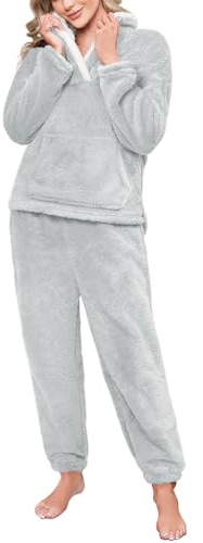 CMTOP Womens Pyjamas Set 2 Piece Warm Fleece Pjs for Women Sets Thermal Fluffy Ladies Pyjamas Cosy Fuzzy Lounge Wear Sets Soft Plush Women's Nightwear Comfy Sherpa Sleepwear(Grey,L)