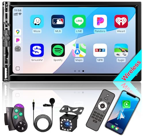 7“ Double DIN Car Stereo with Wireless Apple CarPlay Android Auto, Car Radio Bluetooth 5.2, IPS 1024 600 Touch Screen, Backup Camera, FM Radio, Subwoofer, USB,SWC, MIC, Car Audio Receiver,Car Play