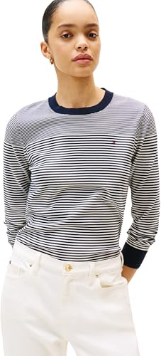 Tommy Hilfiger Damen Pullover Jersey Fine mit Rundhalsausschnitt, Mehrfarbig (Bretton Stripe Dark Night Navy), L