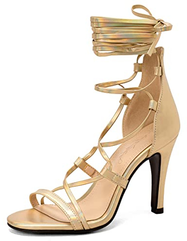 Galindopia Donna Sexy Leg Tie Up Sandali Knee High Tacchi a Spillo Alti Criss Cross Gladiatore Sandali Cordoncino Strappy Serata Festa Heels Gold Size 34