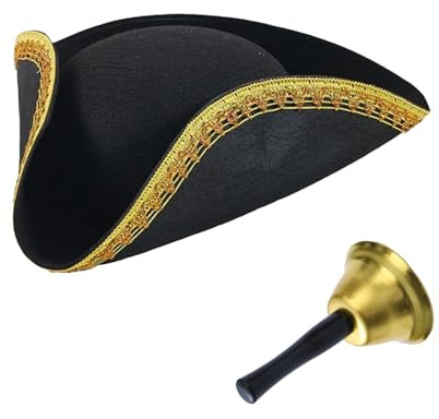 MFUOE 2Pieces Town Crier Fancy Dress Accessory Set Pirate Captain Tricorn Hat and Gold Bell Halloween Town Crier Costume Suit