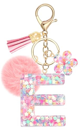 JSRQT Porte-clés Rose avec Initiale E pour Femmes Filles, Nom Porte-clés en Résine Lettres Alphabet à Paillettes et Fleurs, Pompons Pendentifs Bijou de Sac Keychain pour Sac à Main et Sac à Dos