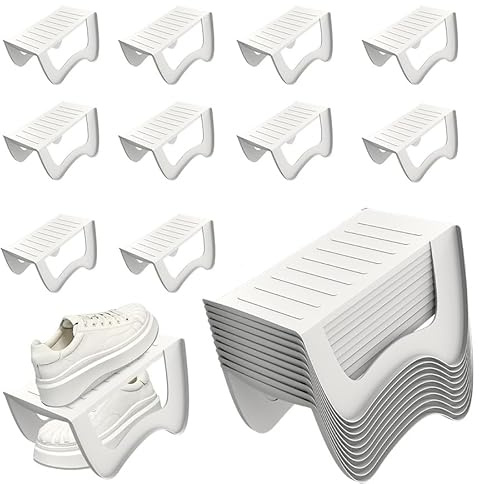 AufuN 10 stycken halkfria skoblockare skoslitsar PP halkfria skohållare skohylla platsbesparande skoförvaring skoförvaring dubbelskikt skoförvaring skåp 25 x 14,5 x 14 cm, vit
