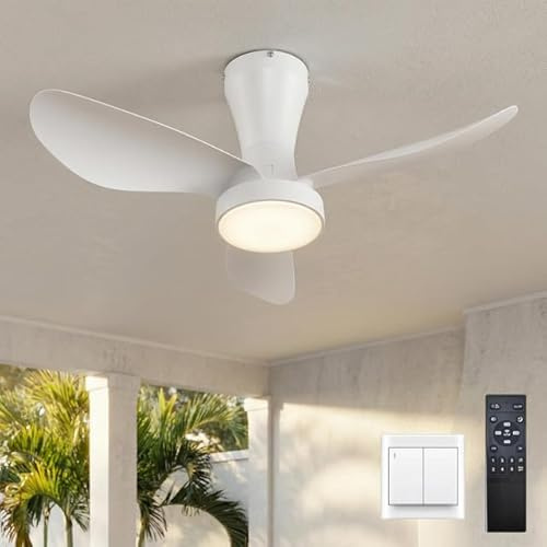 LJX 82cm Ventilatore da Soffitto con Luce e Telecomando Silenzioso DC Lampadario Ventilatore a Risparmio Energetico LED Dimmerabile Reversibile Moderno per Camera da Letto Cucina, Bianco