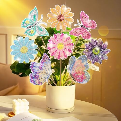 TNSLAND Diamantmålning fjäril blommor 8 stycken, diamantmålning barn vuxna, byggsatser för diamantmålning, trädgårdspåle, pysselset, fjärilsdekoration, födelsedag för inomhus, trädgård