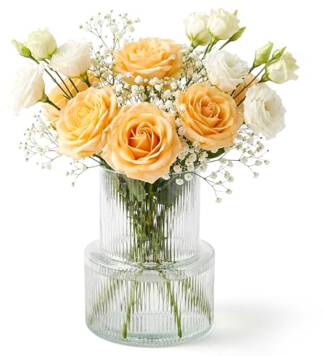 Otauoaea Jarrón de Vidrio Acanalado 20cm - Florero Transparente Moderno para Tulipanes y Rosas, Grande Decoración de Mesa para Salón, Bodas, Apto para Lavavajillas