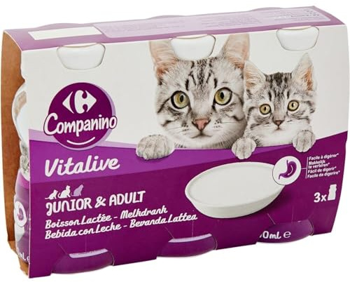 Carrefour COMPANINO Lait pour Chat Junior et Adulte - Pack de 3 Bouteilles de 200 ML - Boisson lactée Facile à digérer - Format Pratique et économique - Lot de 4
