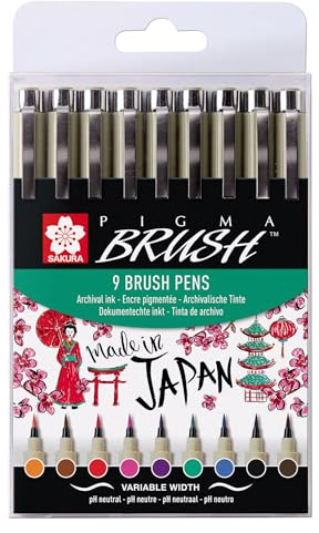 SAKURA Pigma Brush Pen Set mit 9 Farben | wasserfeste, permanente Tinte | Pinselstifte zum Schreiben, Zeichnen und Tagebuch führen