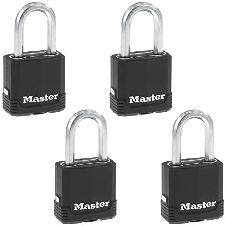 Master Lock M115XQLFCCSEN, Four Pack 1-7/8-Inch Wide Magnum Covered Laminated Steel Padlock, 5/16-Inch Diameter, 1-1/2-Inch Shackle Clearance, 4-Pack, Black, 4 Count (Pack of 1)