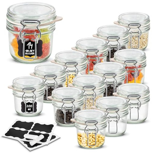 Creative Home 14 x Einmachgläser mit Bügelverschluss | 200ml x 14 Teilig | Vorratsgläser mit Deckel und Gummiring | Drahtbügelgläser Bügelgläser | 16 Wiederverwendbare Aufkleber + 1 Anti-Staub-Kreide