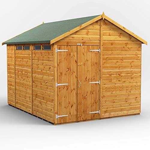 POWER 10x8 Apex Wooden Garden Shed. Double Door Security Shed with Scandinavian Tongue and Groove Timber, Toughened Safety Glass, and Galvanised Ironmongery