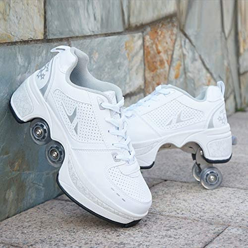 HUOQILIN Unisex-Kinder Skateboard Schuhe Kinderschuhe Mit Rollen Skate Shoes Rollen Schuhe Sportschuhe Laufschuhe Sneakers Mit Rollen Kinder Jungen Mädchen,White-EU38