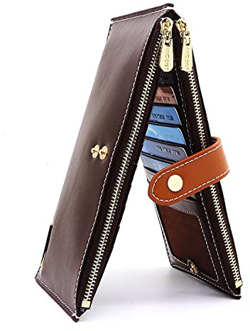 ANDOILT Damen Echt Leder Brieftasche RFID Blockierung Kreditkarte Halter Reißverschluss Geldbörse Handy Handtasche Kaffee