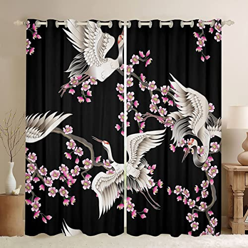 Loussiesd - Tende per finestre, motivo: gru giapponesi, per camera da letto e salotto, a tema Ukiyoe, per bambini e ragazzi, ramo di ciliegio in fiore, tende nere in stile giapponese esotico, 132 x