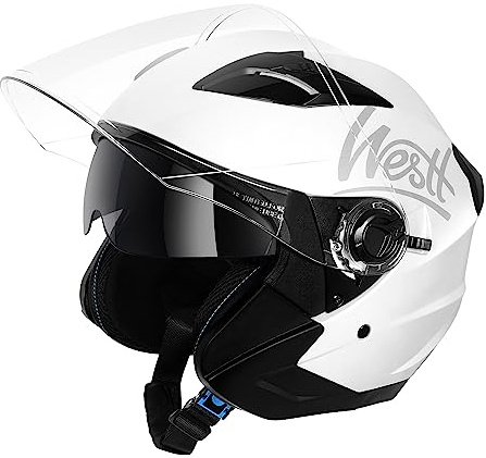 Westt Jet Casco Moto Certificado ECE 22.06 Hombre Mujer Casco de Moto con Doble Visera capacete Casco Jet Scooter Trail, Blanco metálico, S (55-56 cm)