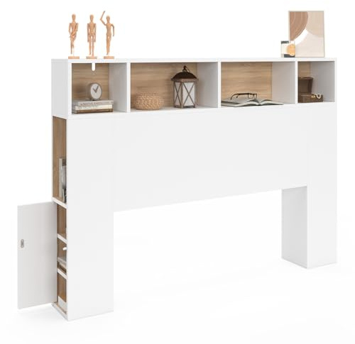 IDMarket - Kopfteil auf Fuß Cleo 145 cm mit geschlossenem Stauraum und Nischen weiß und Buchenholzoptik