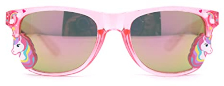 SA106 Girls Kid Size Rainbow Unicorn Badge Horn Rim Sunglasses Pink Peach Mirror