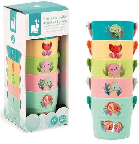 Janod - 5 Seaux d'Activités pour Le Bain - Jouets de Bain Bébé - Jouets Bain pour Bebe Enfant avec Animaux Marins - Dès 10 Mois - J04722