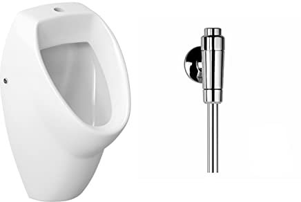 VBChome Set Urinal + Spülventil Zulauf von Oben Weiß Modern Hochwertig Keramik Pinkelbecken Pissoir Wandurinal Wandpissoir Urinalspüler Druckspüler Schellomat
