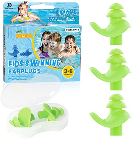 Hearprotek Ear Plugs for Swimming, 3 Pairs Silicone Kids Reusable Waterproof Ear Plugs with Storage case and Cords for Swimming Bathing Surfing and Other Water Sports Green