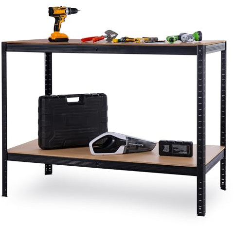 Albert Austin Heavy Duty 2 Tier 120x90cm Garage Workbench Steel Frame with MDF Wood 400kg Load Capacity with Non-Slip Feet Work Table for DIY Tools Home Workshop & Shed 2 Shelves for Storage