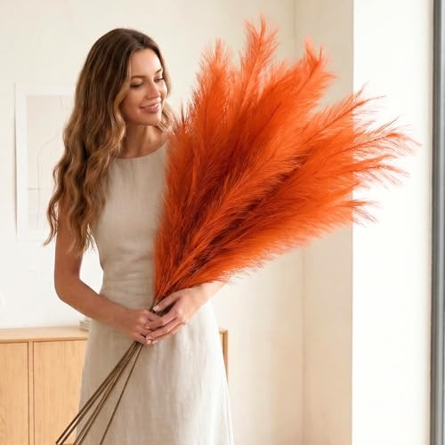Faux Orange Pampas Grass For Large Floor Vase and Ornaments, 3 stems | Decorative Artificial Flora, Autumnal Decorations Accessories, Autumn Stems Decorations, Burnt Orange Decor Long Feathers