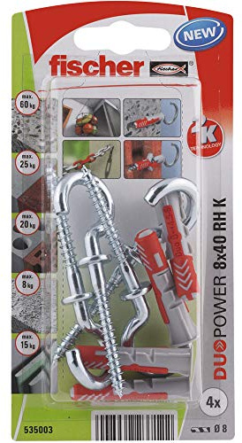 Fischer - Tasselli - 4 tasselli DuoPower 8 x 40 mm con 4 ganci rotondi - Fischer