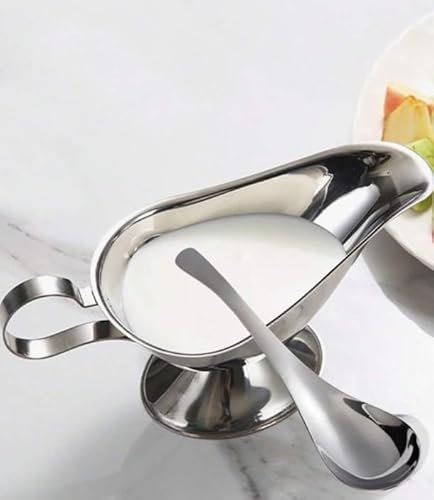 Set de 1 salsera de aluminio de 140ml + cuchrar de metal para sevir, salsera acero inoxidable con mango