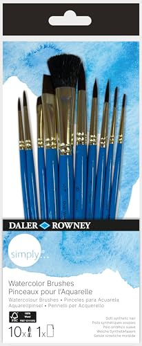 Daler-Rowney Simply Natural Pony Hair Watercolour Brush Set with Short Handles, 10 Assorted Brushes, For Entry-Level Artists & Hobbyists