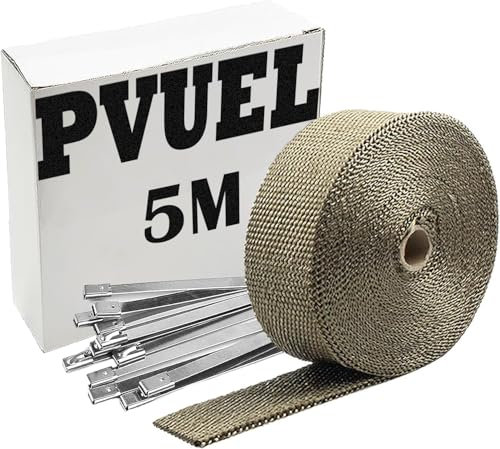 Hitzeschutzband Auspuff, PVUEL 5M Titan Hitzeschutzband aus Basaltfaser, Golden Auspuffband mit 10 Kabelbinder Edelstahl, für Auspuffkrümmer von Motorrädern und Autos