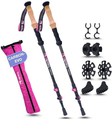 Alpteq® Bâtons de randonnée télescopiques en Carbone - Bâtons de Trekking Ultra légers en Fibre de Carbone et Aluminium pour Femmes, Hommes et Enfants - Réglable de 65 à 135 cm - Bâtons de Marche